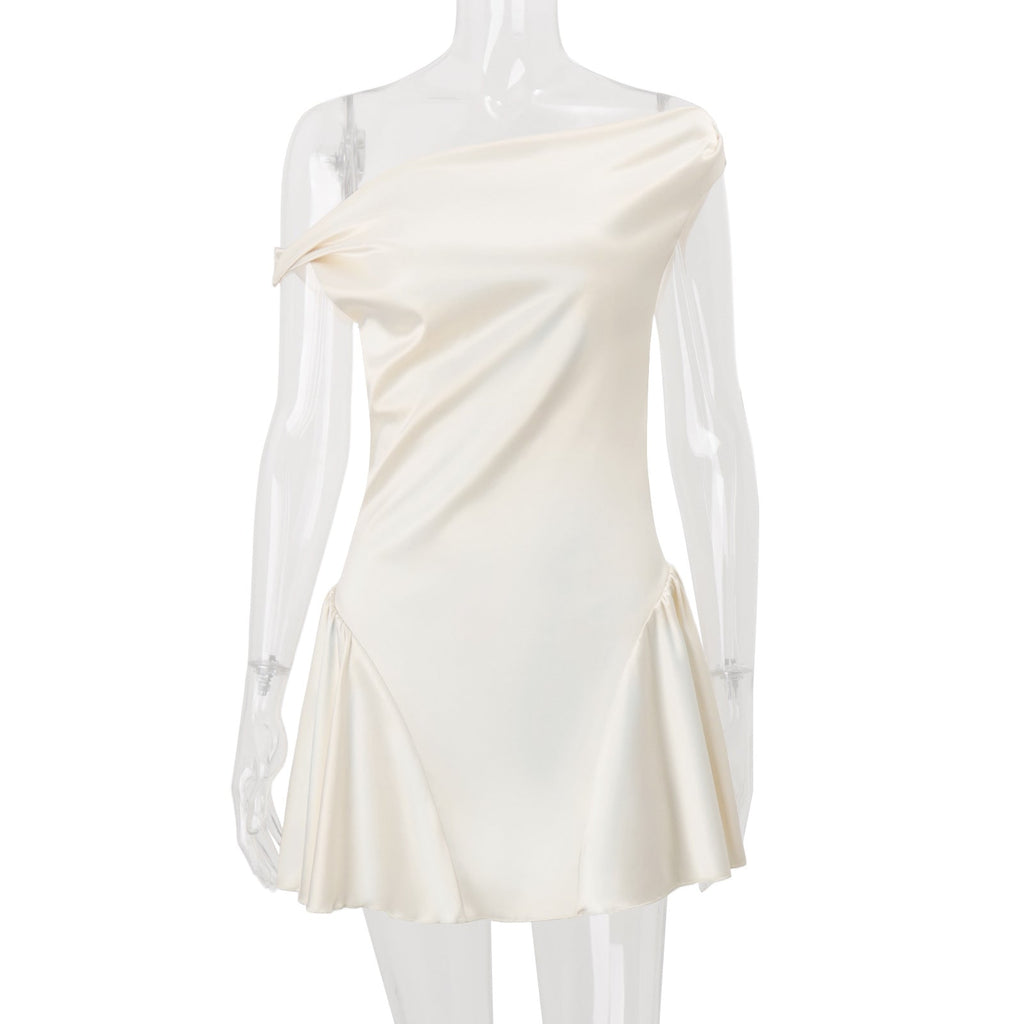 Women Clothing Autumn French Sexy Pure Sweet Waist Controlled Satin Dress