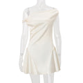 Women Clothing Autumn French Sexy Pure Sweet Waist Controlled Satin Dress