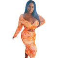 Women Clothing Autumn Winter Tie Dyed Printed Cutout Pleated V neck Dress