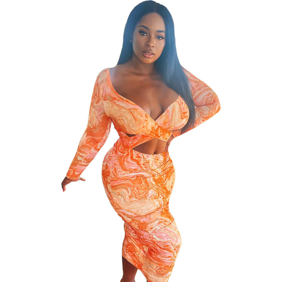 Women Clothing Autumn Winter Tie Dyed Printed Cutout Pleated V neck Dress