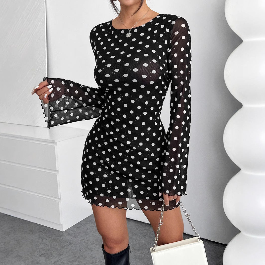 Elegant Mesh Polka Dot Printed round Neck Backless Long Sleeves Dress