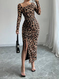Leopard Print Dress Autumn Winter Sexy Slim Hip Sexy Long Sleeve Inner Wear Office
