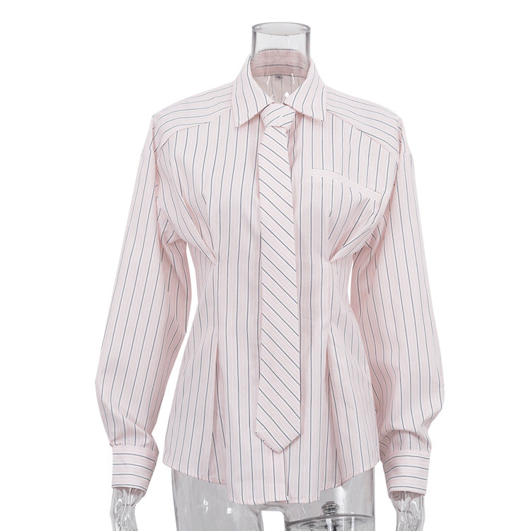 Office Printed Striped Shirt Women Polo Collar Long Sleeve Tie Cinched Blouse