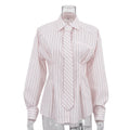 Office Printed Striped Shirt Women Polo Collar Long Sleeve Tie Cinched Blouse