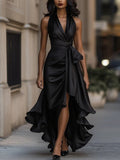 Satin Deep V Plunge neck Sleeveless Waist Trimming Ruffles Elegant Dress for Women