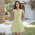 Women Sweet Spring Summer Retro Plaid V neck Buttons Sleeveless Mini Dress