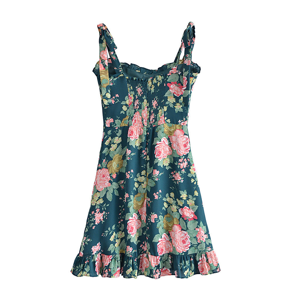 Summer French Vintage Little Fresh Floral Print Slim Fit Stringy Selvedge Lace up Dress Short Tie Strap