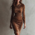 Women Clothing Slim Fit Autumn Winter Pleuche Dress Waist Controlled Long Sleeves Lace Dress