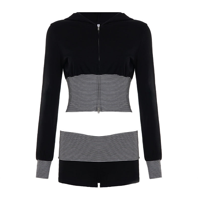 Women Wear Casual Striped Stitching Contrast Color Zipper Hooded Top Shorts Two Piece Set