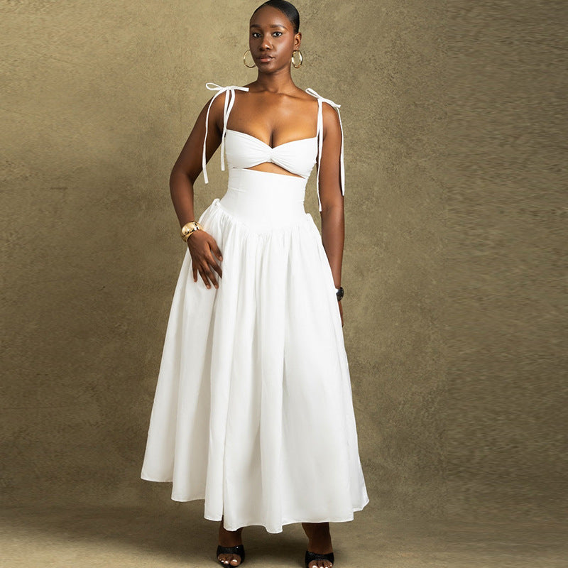 Women Clothing Solid Color Dress off the Shoulder Strap Sleeveless Large Dress