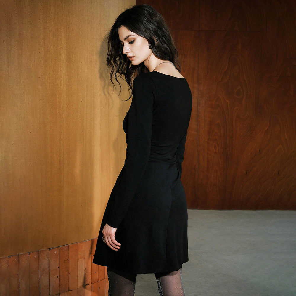 Black Lace Neckline Long Sleeve Waist Dress French Hepburn Slim Slimming
