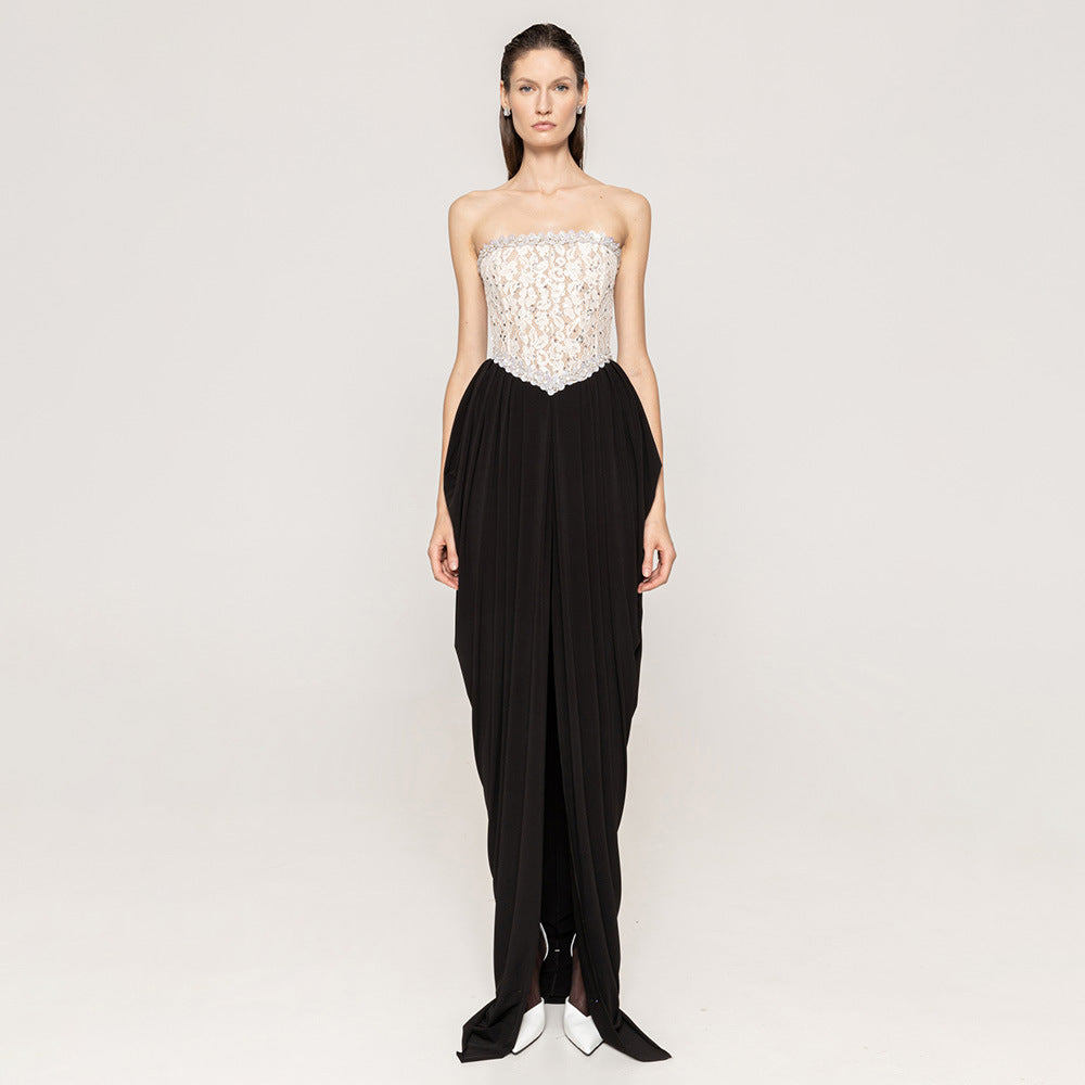 Sexy Women Lace Bead Strapless Dress High Elastic Split Long Dress