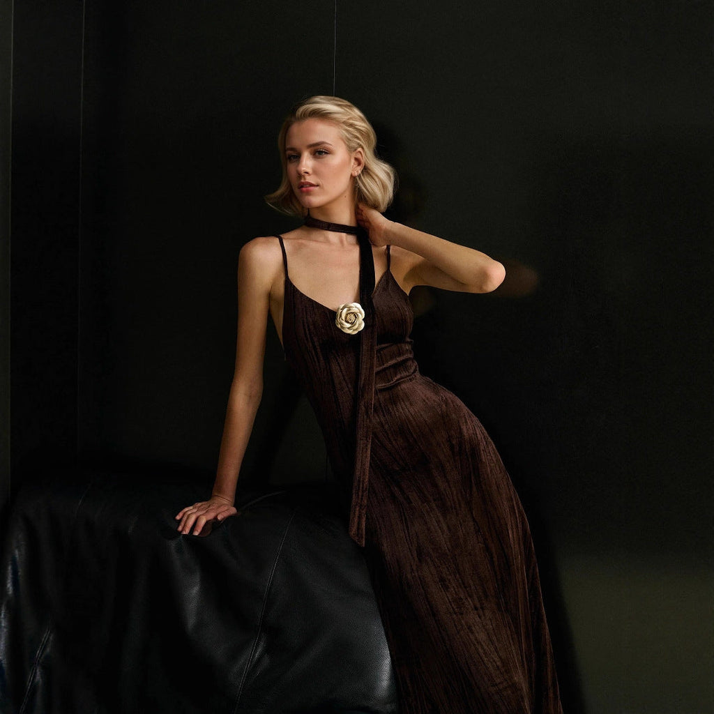 Cocktail Retro Brown Lace up with Corsage Decoration Velvet Pleated Sexy Cami Dress