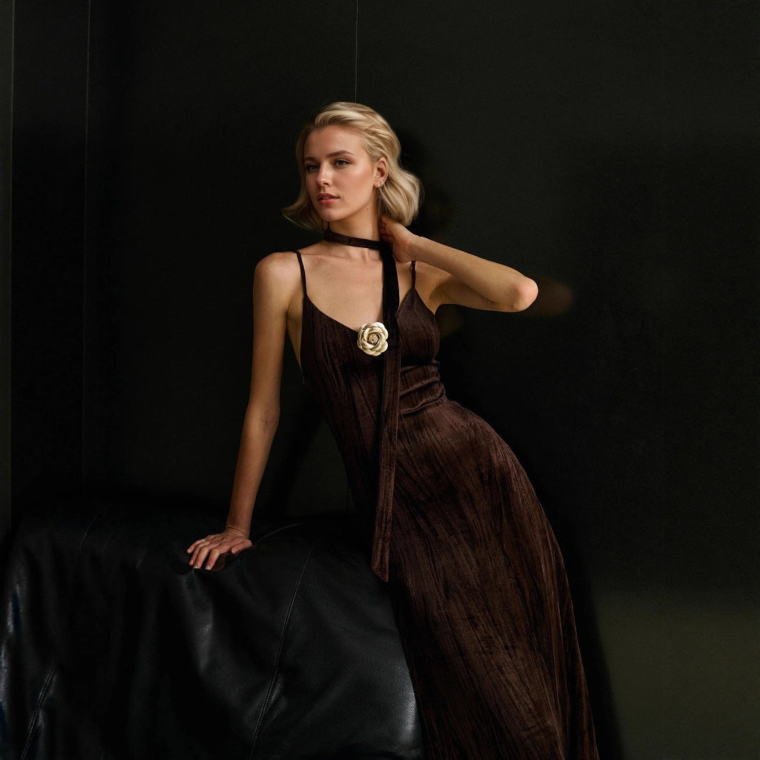 Cocktail Retro Brown Lace up with Corsage Decoration Velvet Pleated Sexy Cami Dress