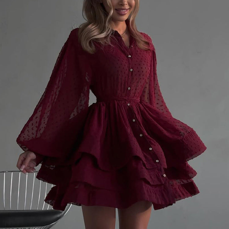 Short A Word Dress Women Elegant Collared Long Sleeve Single Breasted Lace up Shirt Dress