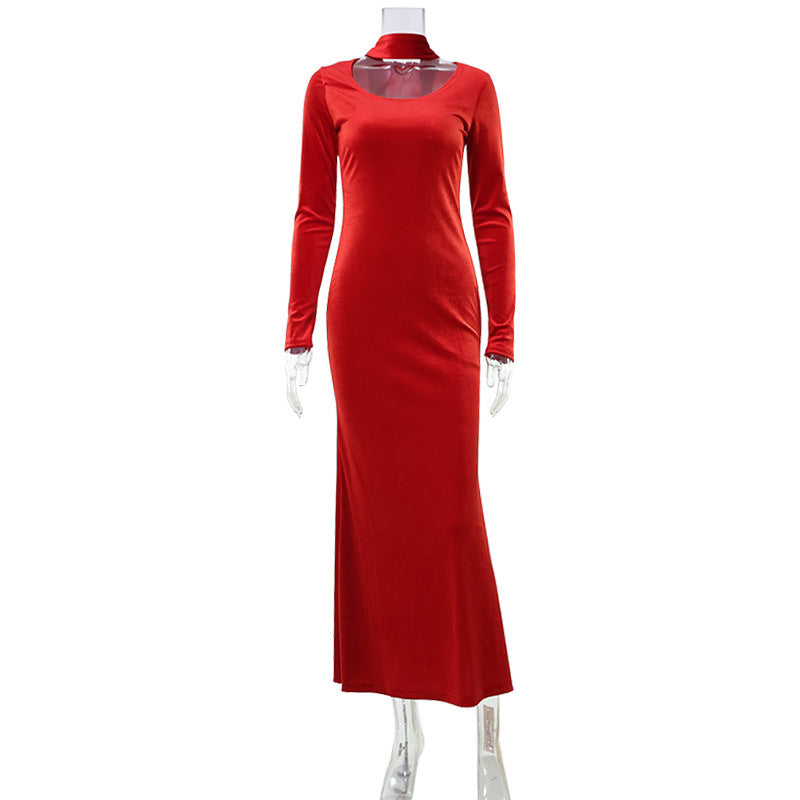 Autumn Winter Long Sleeves Hepburn Socialite with Scarf Slim Fit Red Long Formal Dress Women