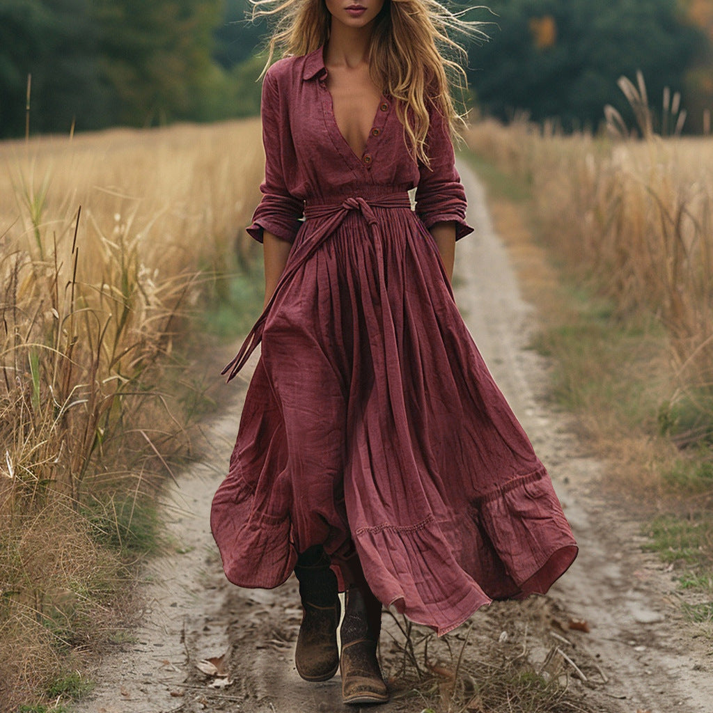 Retro Long Sleeve Bohemian Long Cotton Linen Dress