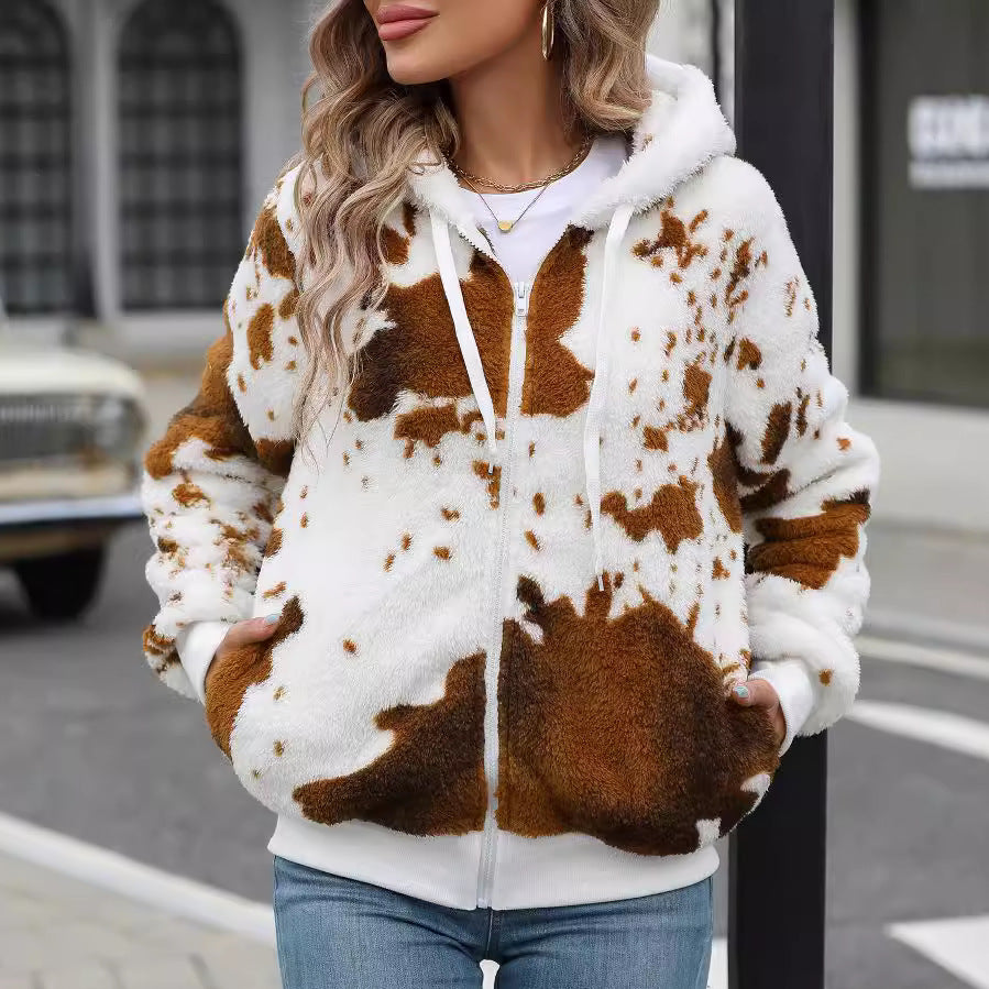 Flash Velvet Autumn Winter Women Clothing Hooded Zipper Plush Printed Cardigan