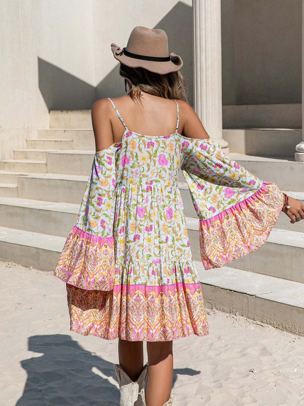 Loose Printed Off Shoulder Tassel Dress Vacation