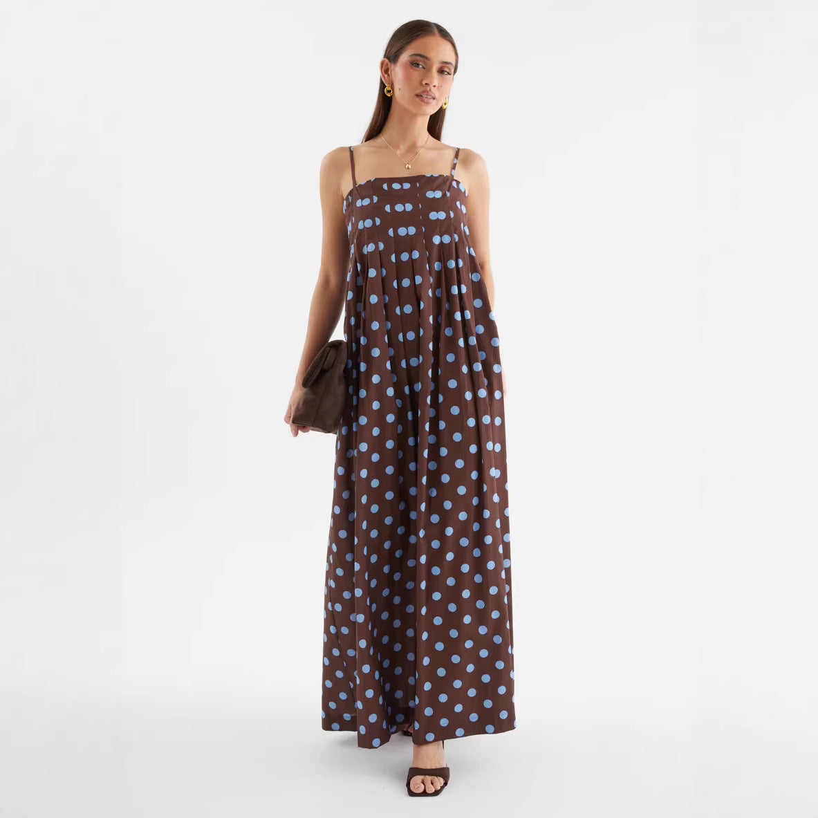 Summer Polka Dot Printed Pleated Craft Sweet Spaghetti Strap Mid Length Dress