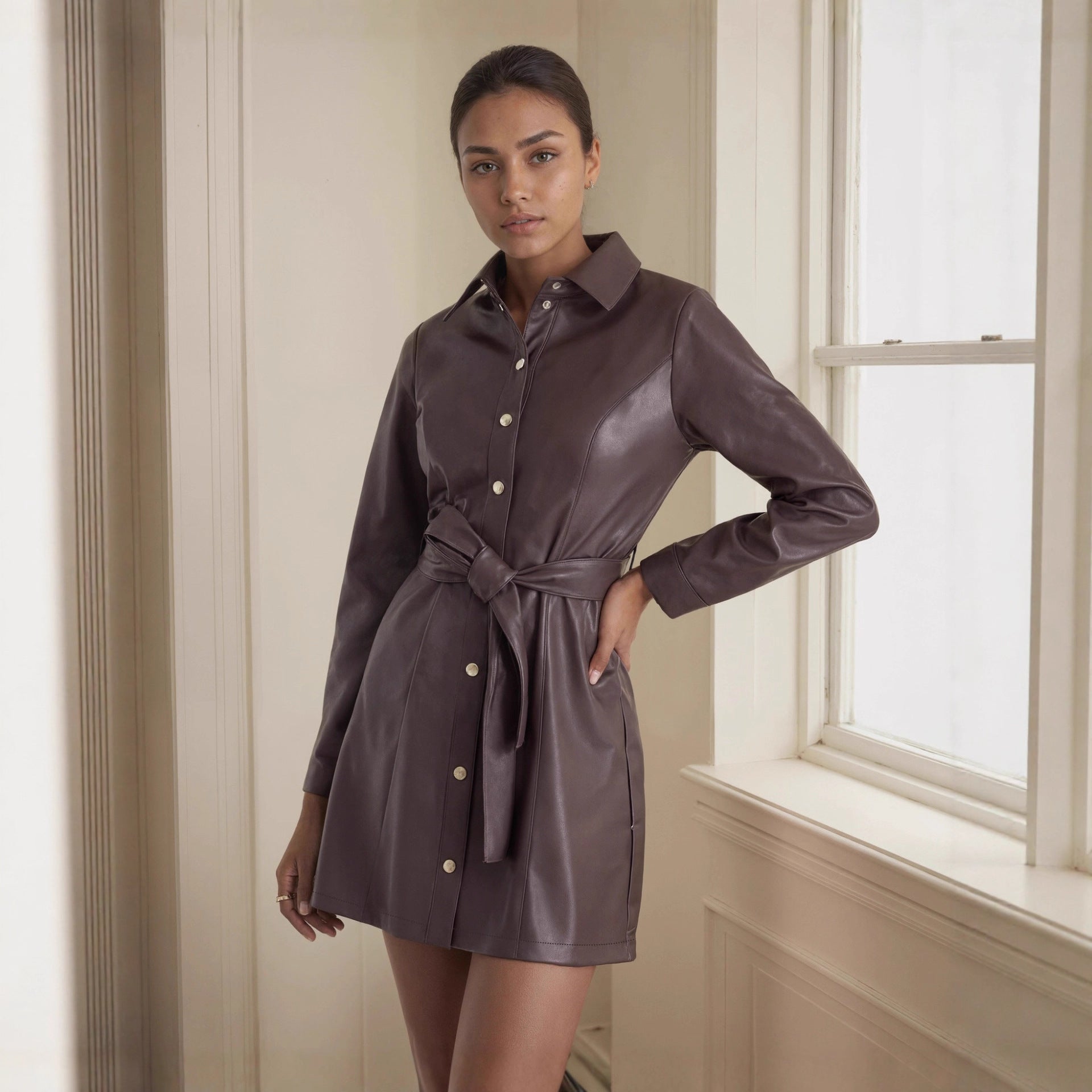 Mid Length Leather Coat Dress with Belt Spring Autumn Long Sleeve Faux Leather Trench Coat British Leather Coat Women