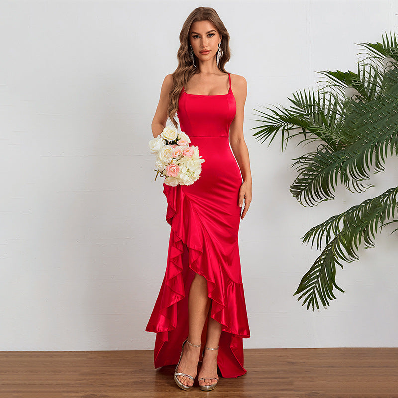 Women Autumn Slit Sexy Spaghetti Strap Ruffle Dress