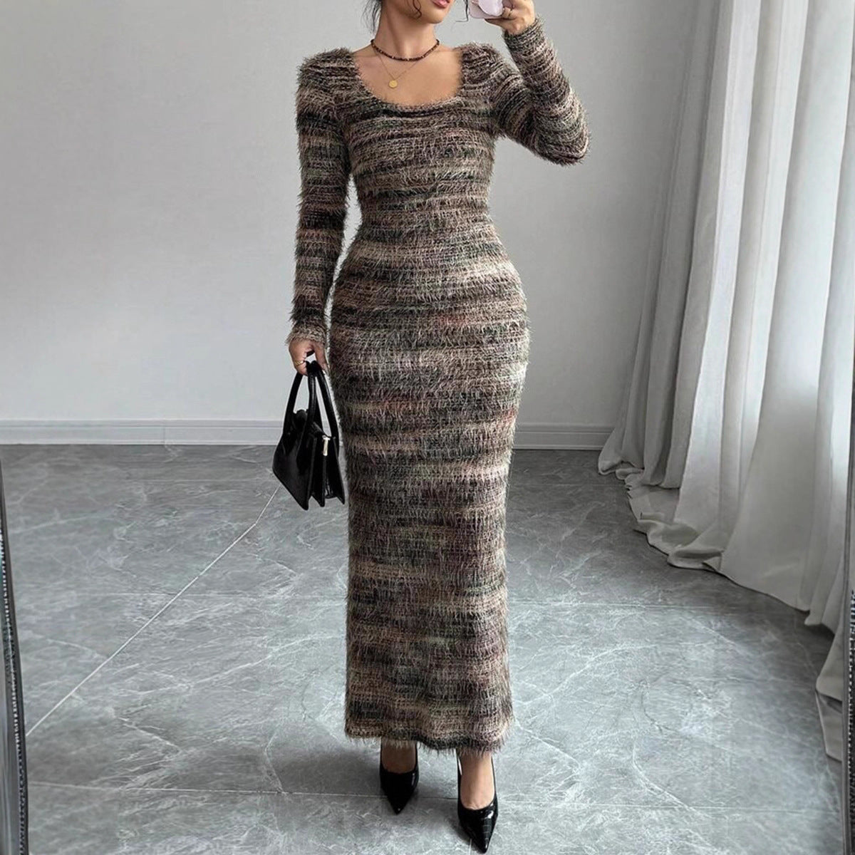 Autumn Slim Fit Slit round Neck Yarn Dyed Dress for Women
