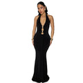 Women Wear Sexy Backless Halter Deep V Plunge Neck Solid Color Dress