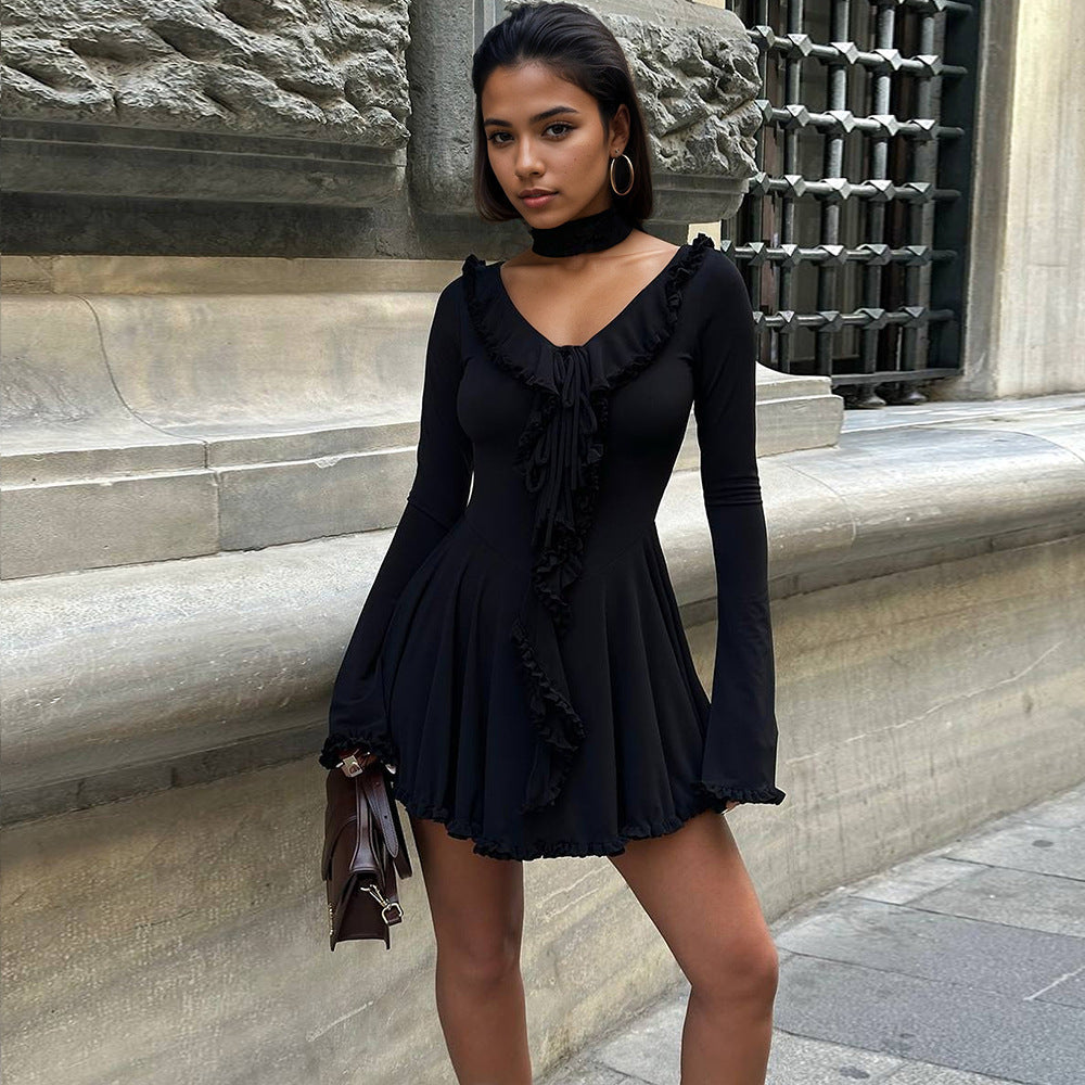 Long Sleeve V neck Flounce Chiffon Patchwork Fashionable Stylish Slim Slimming A line Dress