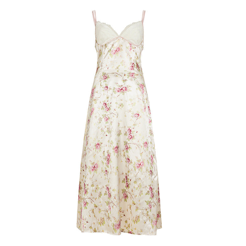 Street Vacation Sexy V neck Lace Satin Splicing Sling Dress Floral A line Printed Maxi Dress
