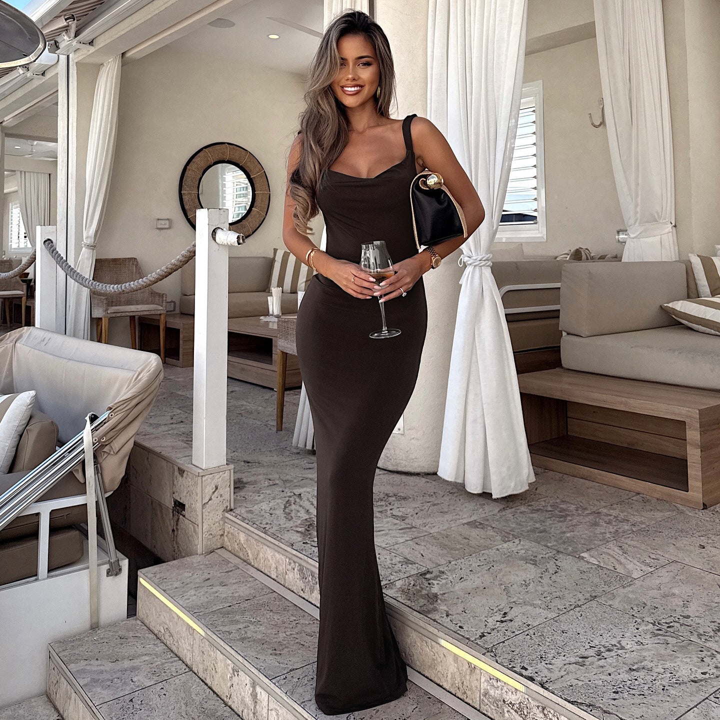 Women Summer Sexy Big Backless Solid Color Basic Dress Sheath Dress