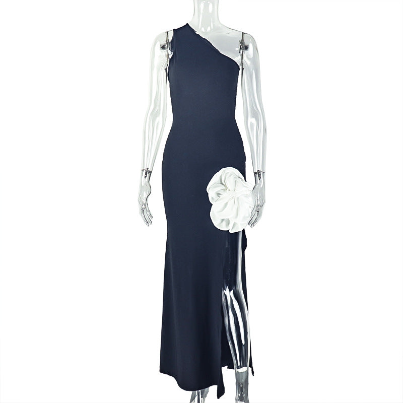 Black White Women Wear Stitched Backless Slit Sheath Dress Diagonal Collar Sleeveless Elegant Maxi Dress