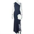 Black White Women Wear Stitched Backless Slit Sheath Dress Diagonal Collar Sleeveless Elegant Maxi Dress