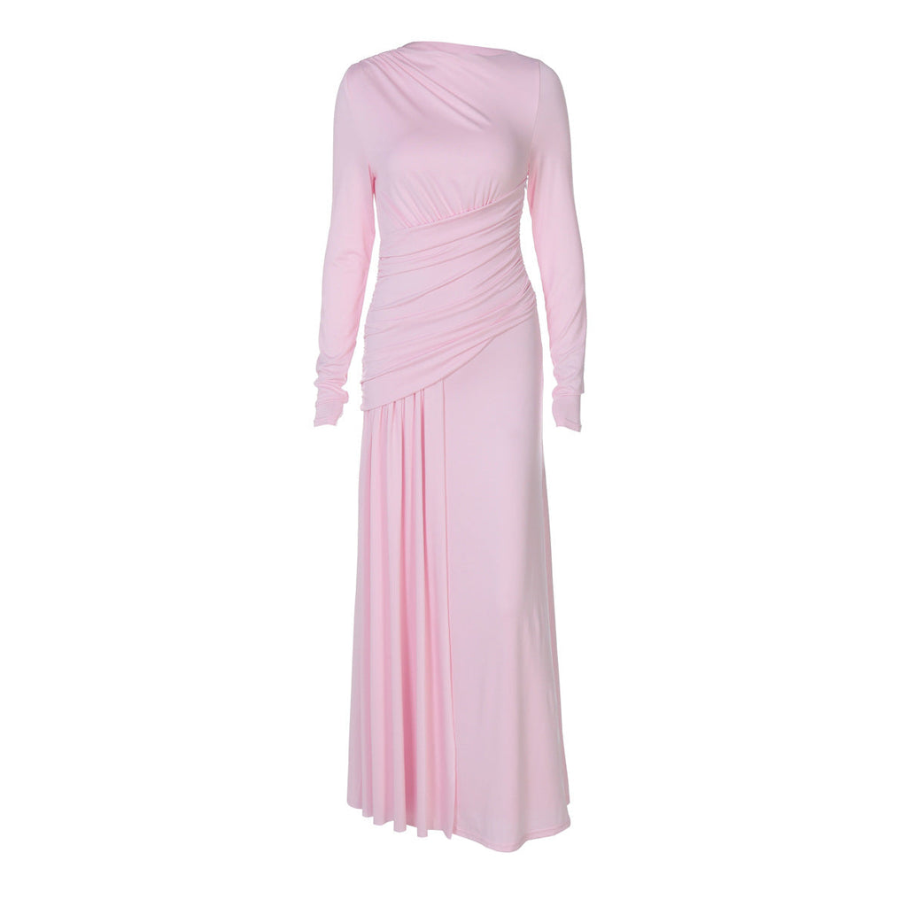 Women Clothing Summer Elegant Slim Pleated Zipper round Neck Long Sleeved Dress