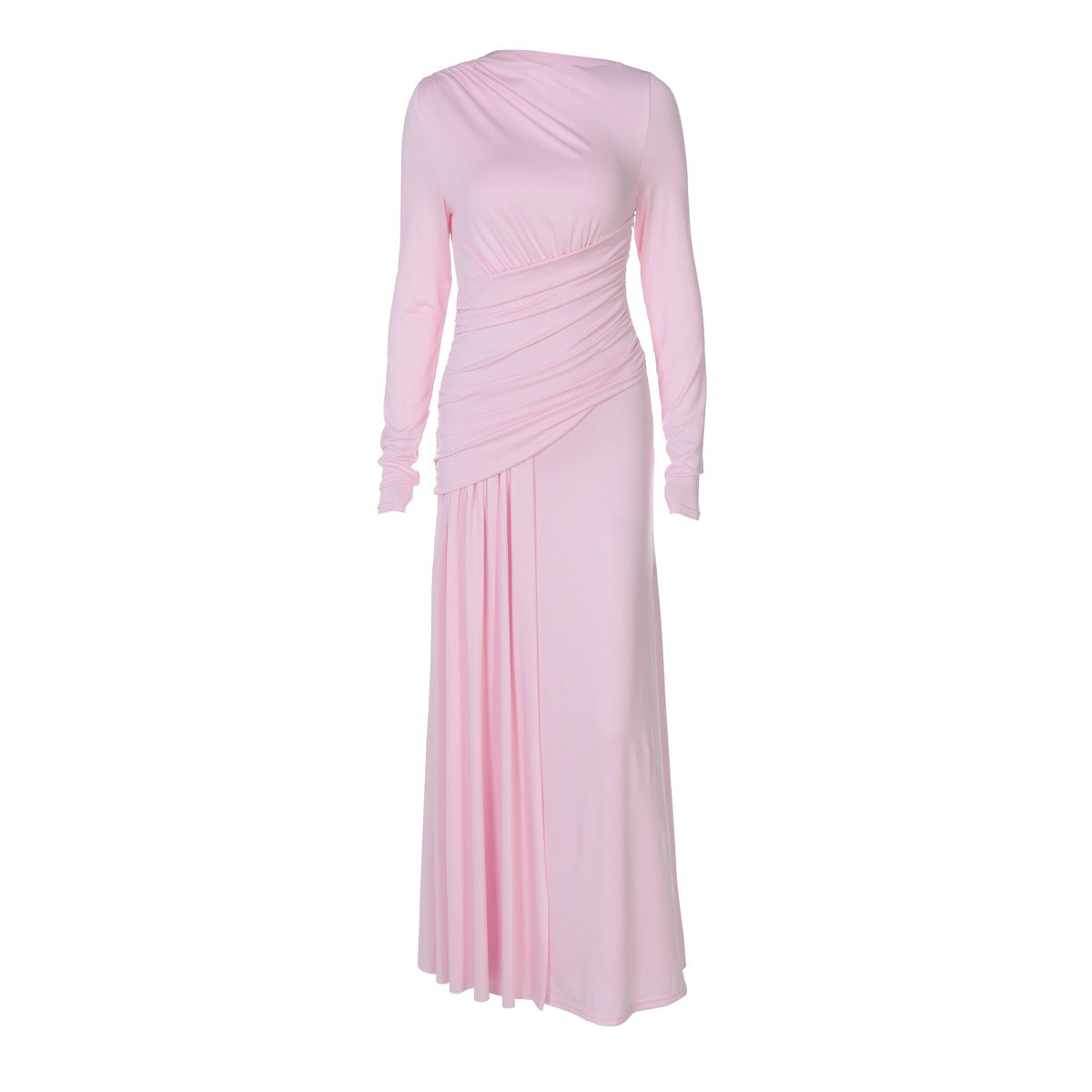 Women Clothing Summer Elegant Slim Pleated Zipper round Neck Long Sleeved Dress