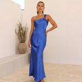 Halter Sexy Backless Women Clothing Dress Blue Slim Sleeveless Sling Midi Dress