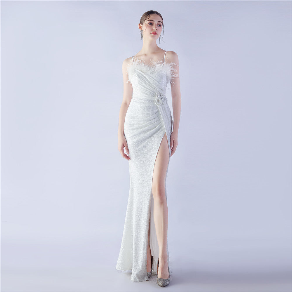 Ostrich Hair Craft Floral Wedding Annual Meeting High End Evening Dress