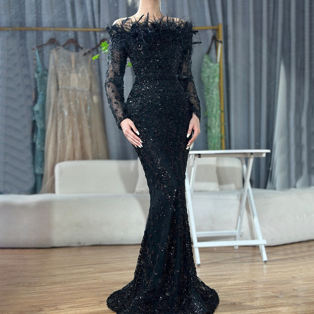 Black off Shoulder Feather Fishtail Gown Entry Lux Elegant Ladies Cocktail Host Evening Dress