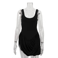 Women Clothing Patchwork Design Pleated Sleeveless Suspender High Waist Irregular Asymmetric Hem Dress