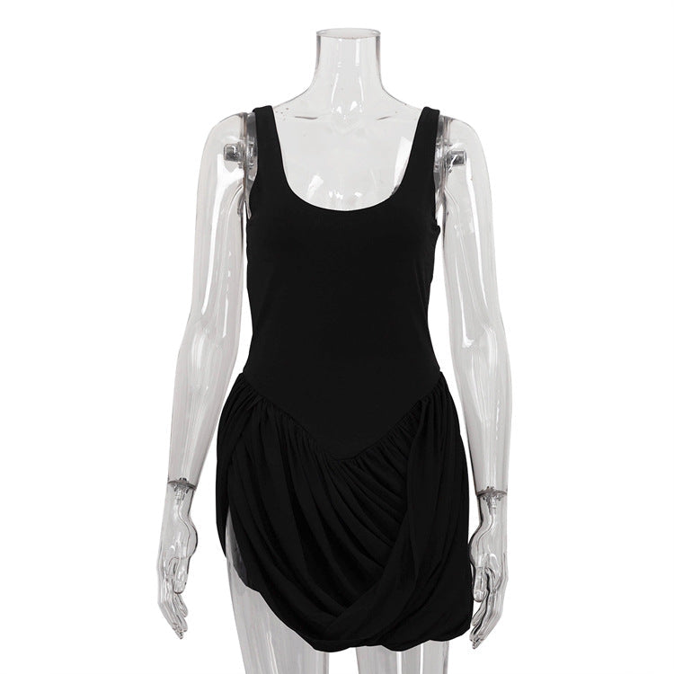 Women Clothing Patchwork Design Pleated Sleeveless Suspender High Waist Irregular Asymmetric Hem Dress