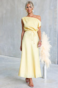 Summer Cocktail Sloping Shoulder off the Shoulder Sexy Solid Color Tied Dress