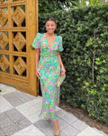 Summer French Puff Sleeve V neck Printing Dress