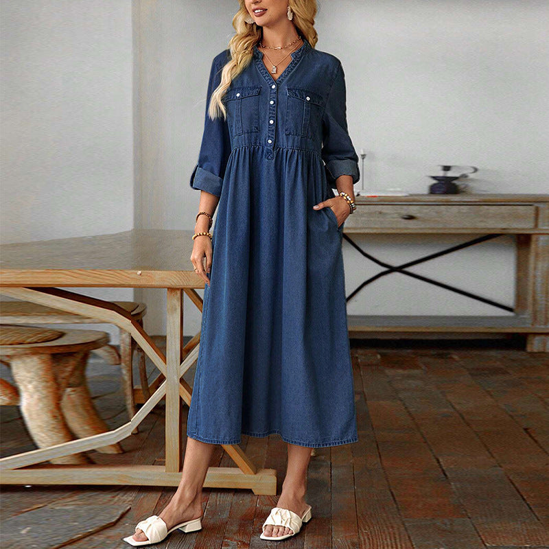 Women Clothing French Long Sleeve V neck Denim Maxi Dress