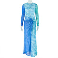 Women Clothing Waist Tight Socialite Slimming Hip Dress round Neck Print Long Sleeves Split Dress