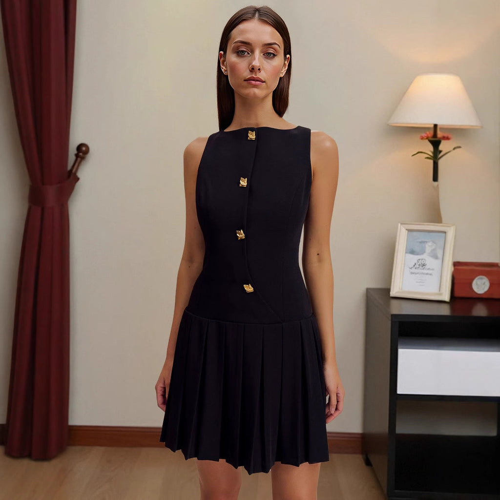 Spring Summer Simple Women Clothing Personalized Wide Hem Pleated Waist Tight Solid Color Sleeveless Short Dress