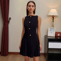 Spring Summer Simple Women Clothing Personalized Wide Hem Pleated Waist Tight Solid Color Sleeveless Short Dress