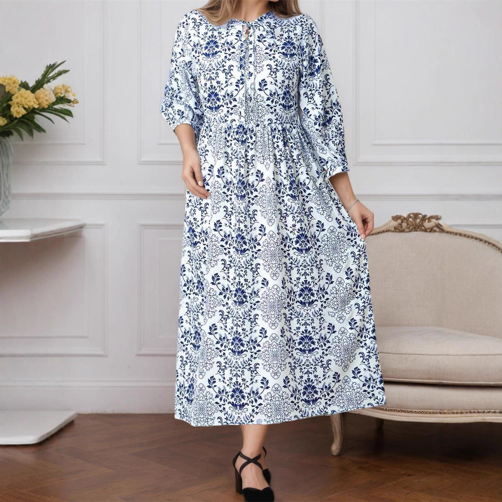 Women Printed Elegant Lace up Waist Controlled Long Sleeve Autumn Winter A line Dress