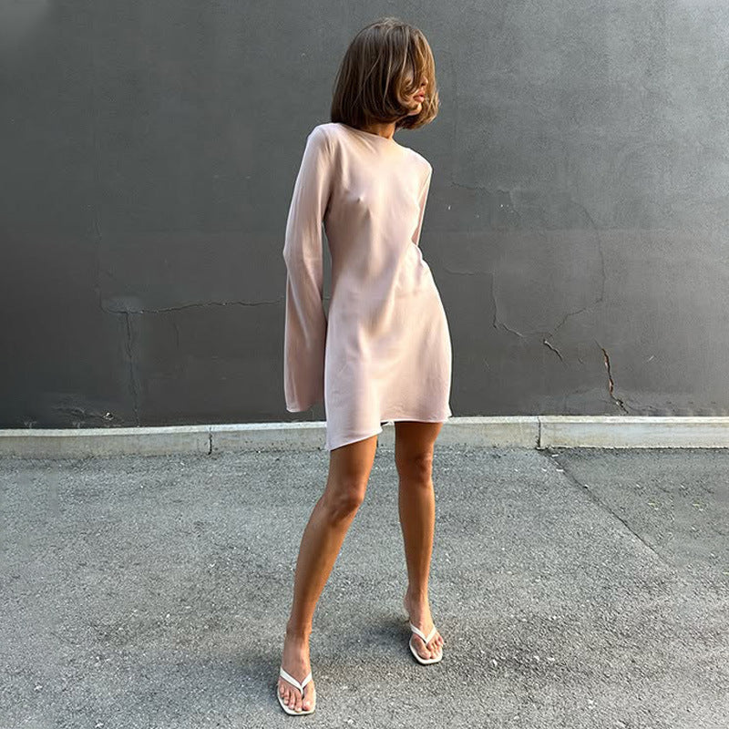 Fashionable Elegant Women Casual Loose round Neck Long Sleeve Satin Comfortable Dress Short