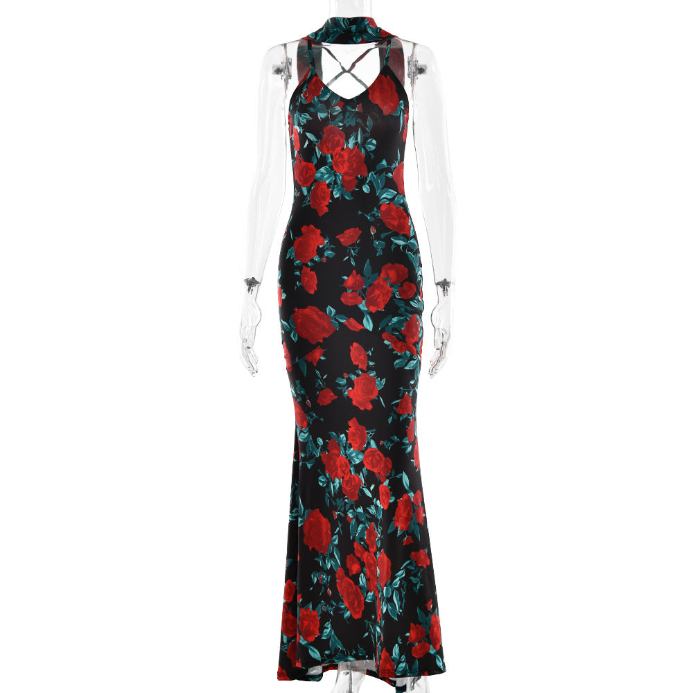 Spring Summer Sexy Dress Strap Backless Deep V Plunge Printed Sexy Slim Dress