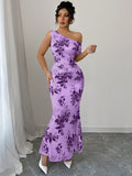 Printed Shoulder High Waist Sheath Dress Slimming Dress